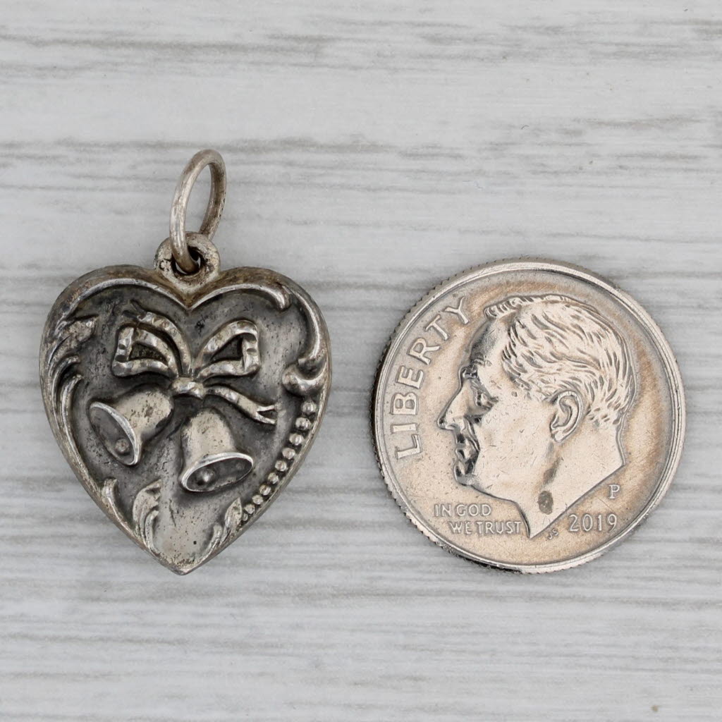 Gray Vintage Puffy Heart Wedding Bells Charm Sterling Silver Ornate Pendant
