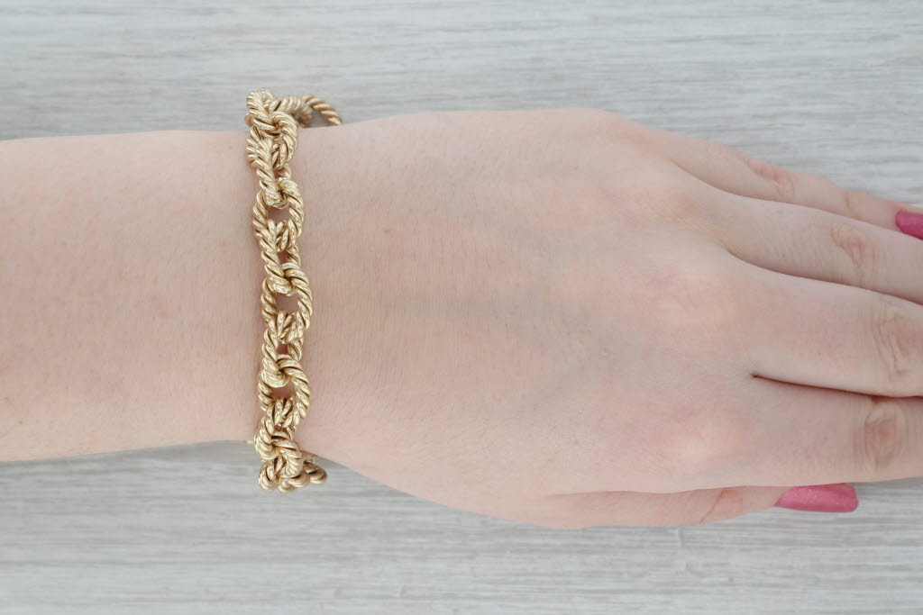 Gray 7.5" Rope Link Cable Chain Bracelet 14k Yellow Gold 11.5mm