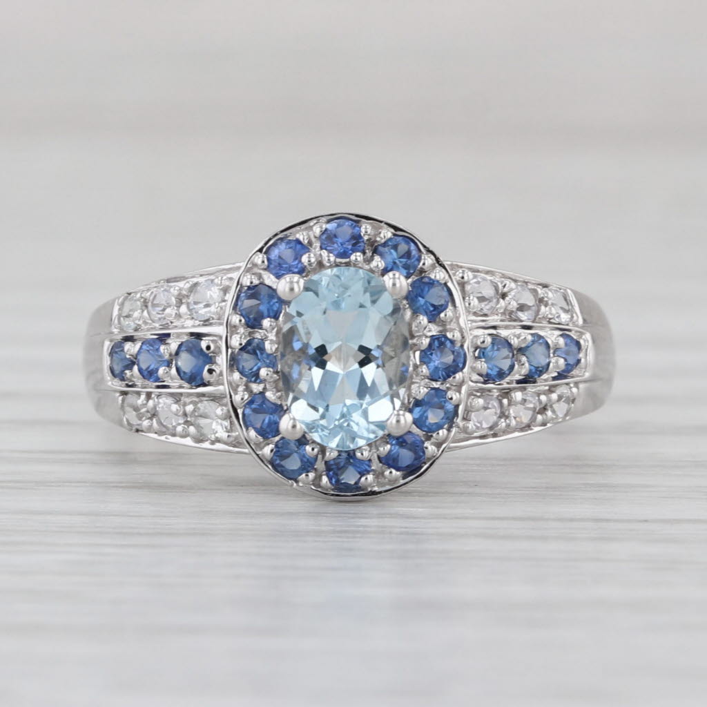 1.50ctw Aquamarine Blue White Sapphire Halo Ring 10k White Gold Size 8
