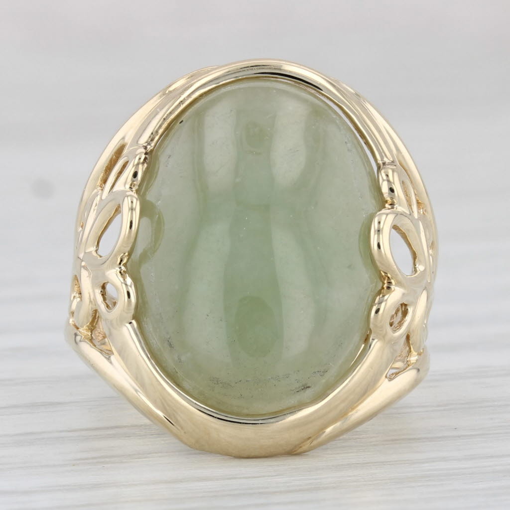 Gray Green Jade Ring 14k Yellow Gold Size 5.25 Oval Cabochon Solitaire