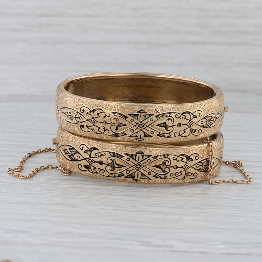 Victorian Taille d'Epargne Enamel Bangle Bracelets with Box 14k Gold Engraved