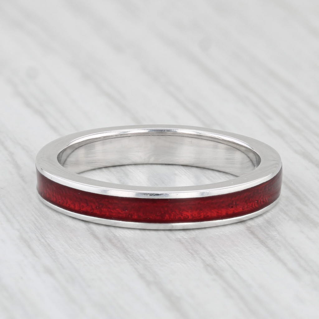 Light Gray Hidalgo Red Enamel Ring 18k White Gold Size 6.5 Stackable Band