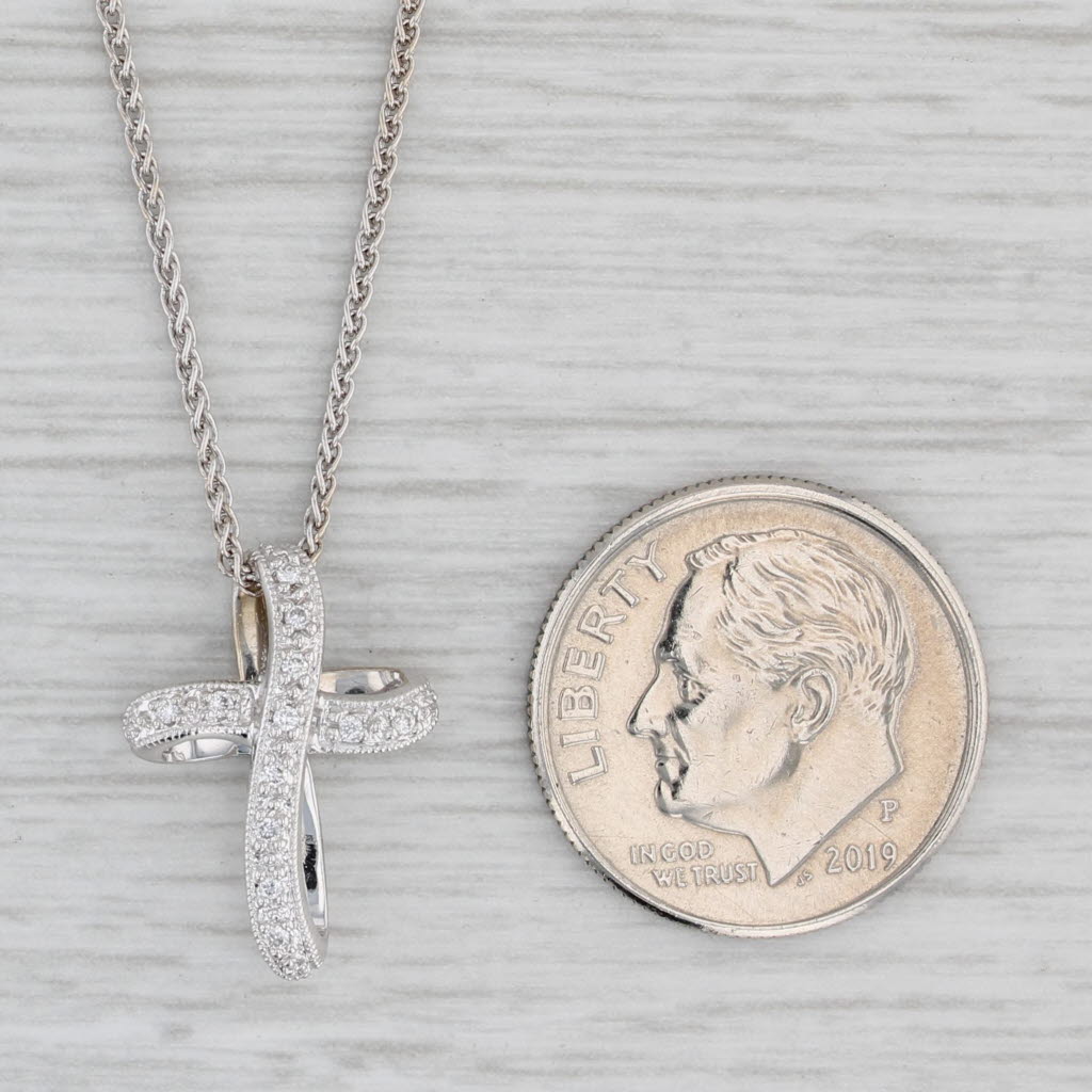 Gray 0.15ctw Diamond Cross Pendant Necklace 14k White Gold 16" Wheat Chain