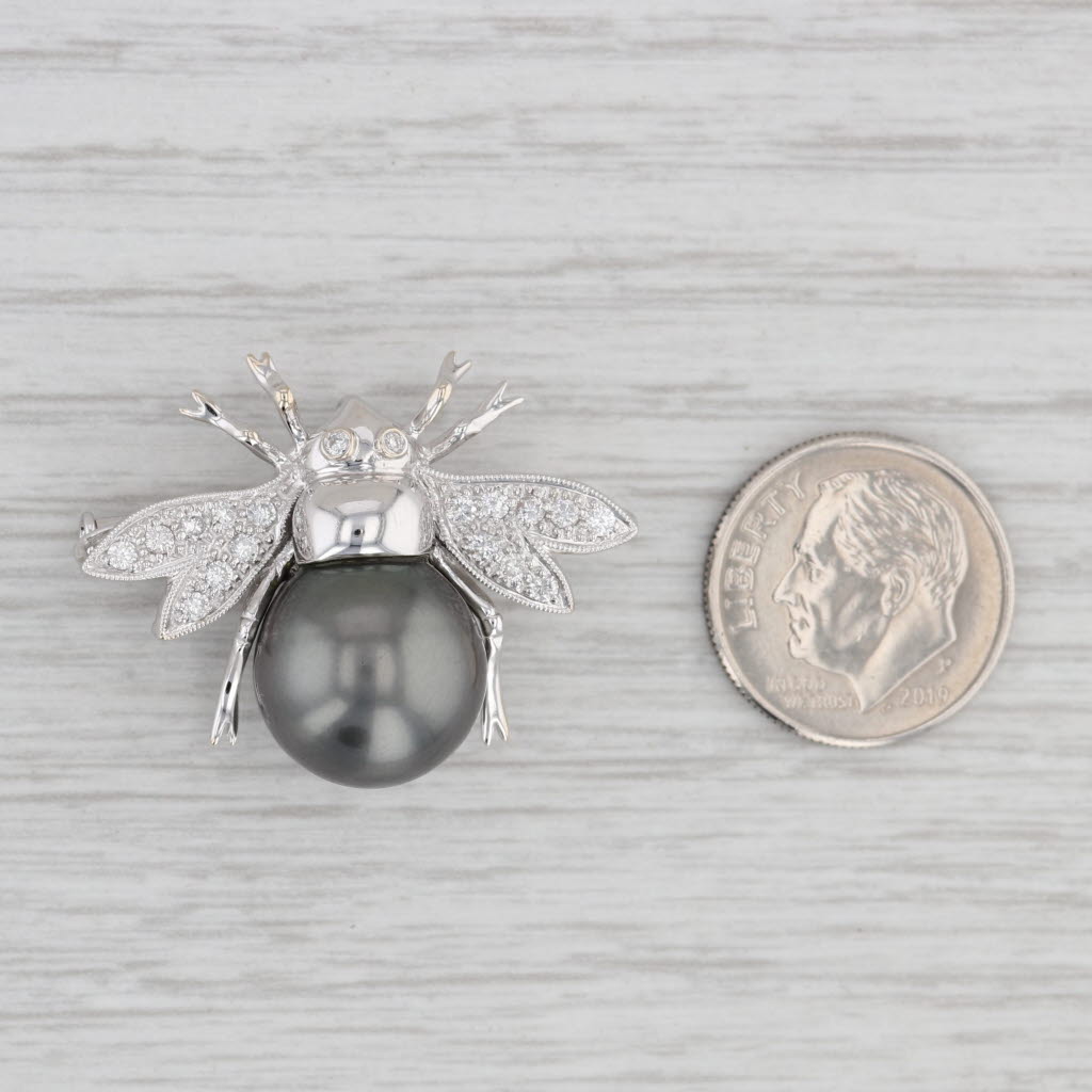 Gray Cultured Black Pearl 0.26ctw Diamond Flying Insect Brooch 18k White Gold Pin