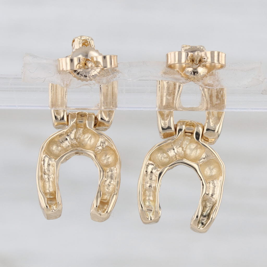 Gold Nugget Horseshoe Dangle Earrings 14k Yellow Gold Butterfly Back Drops