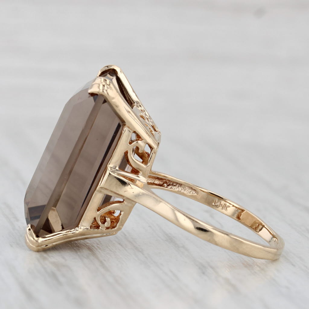 Light Gray 22.80ct Emerald Cut Smoky Quartz Ring 14k Yellow Gold Size 7.5