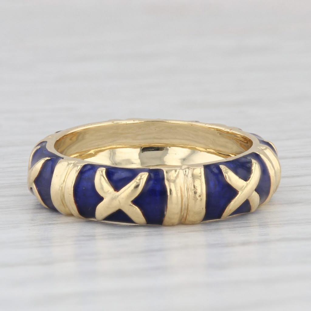Light Gray Stackable Blue Enamel X Pattern Ring 18k Yellow Gold Band