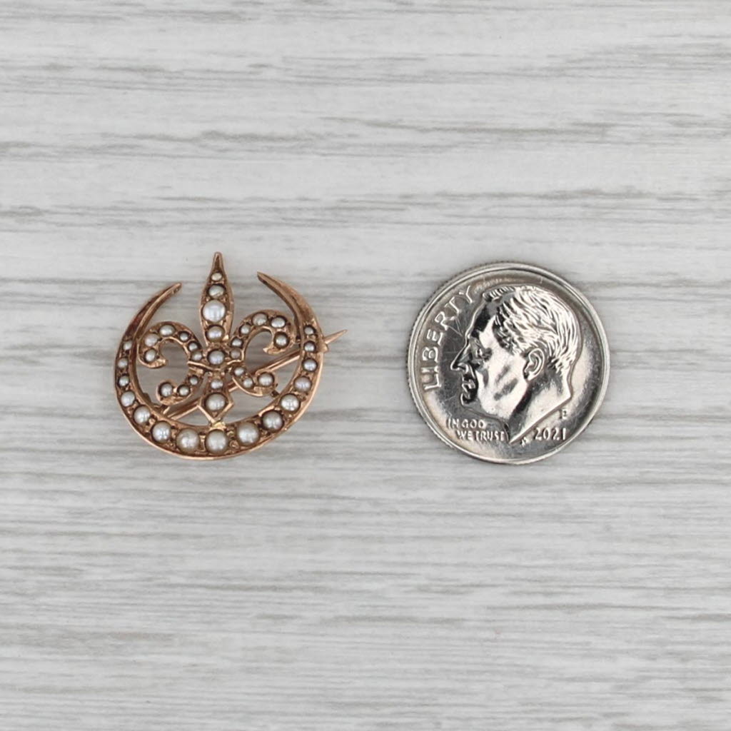 Antique Seed Pearl Fleur De Lis Crescent Pin 10k Rose Gold