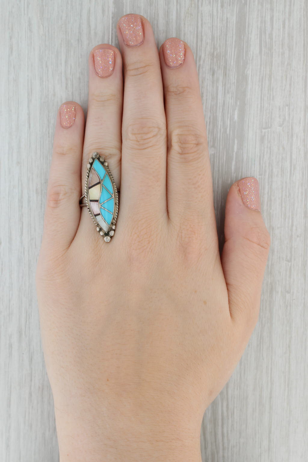 Dark Gray Native American Turquoise Mother of Pearl Statement Ring Sterling Silver Size 10