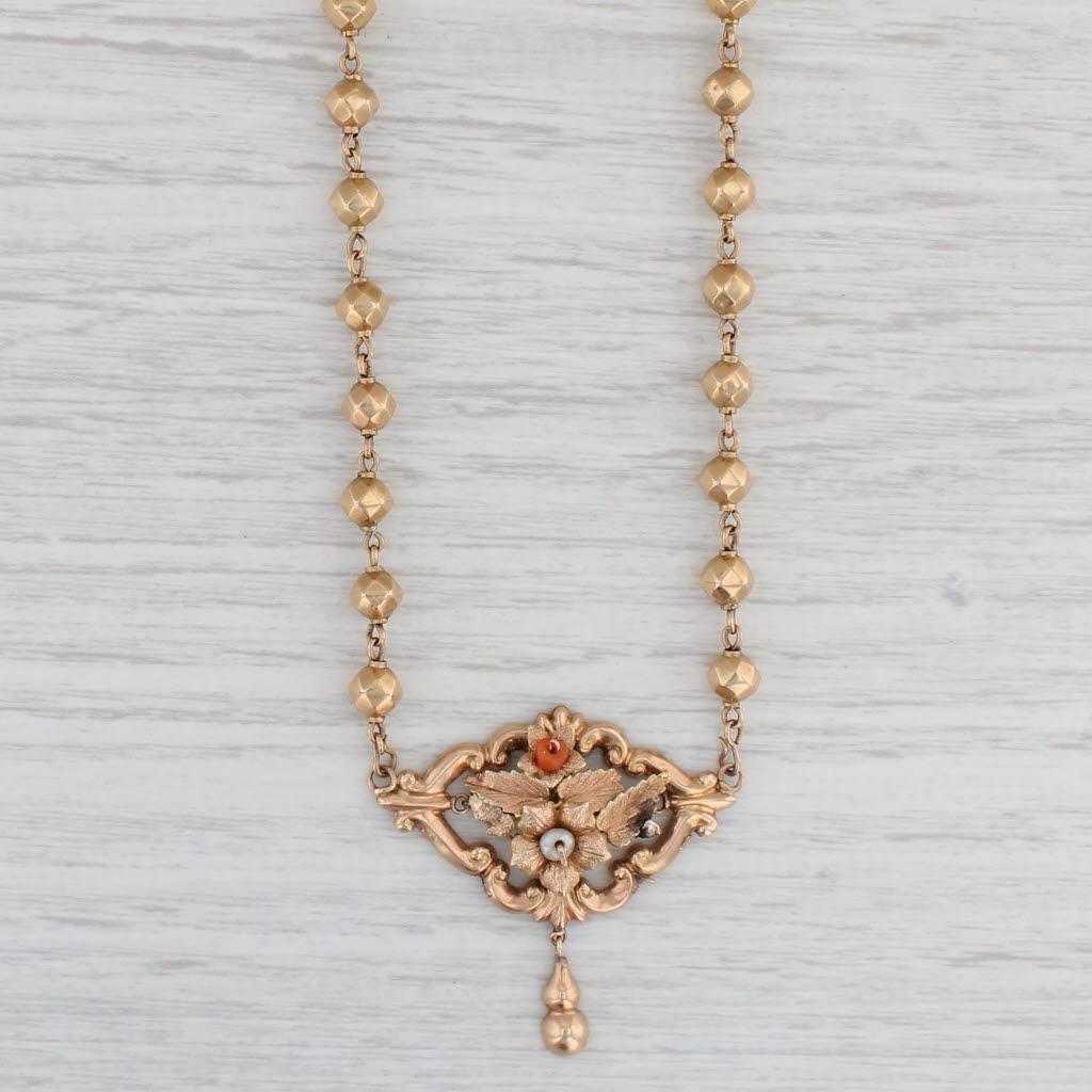 Light Gray Antique Lavalier Pendant Necklace Coral Pearl 14k Yellow Gold 20" Bead Chain