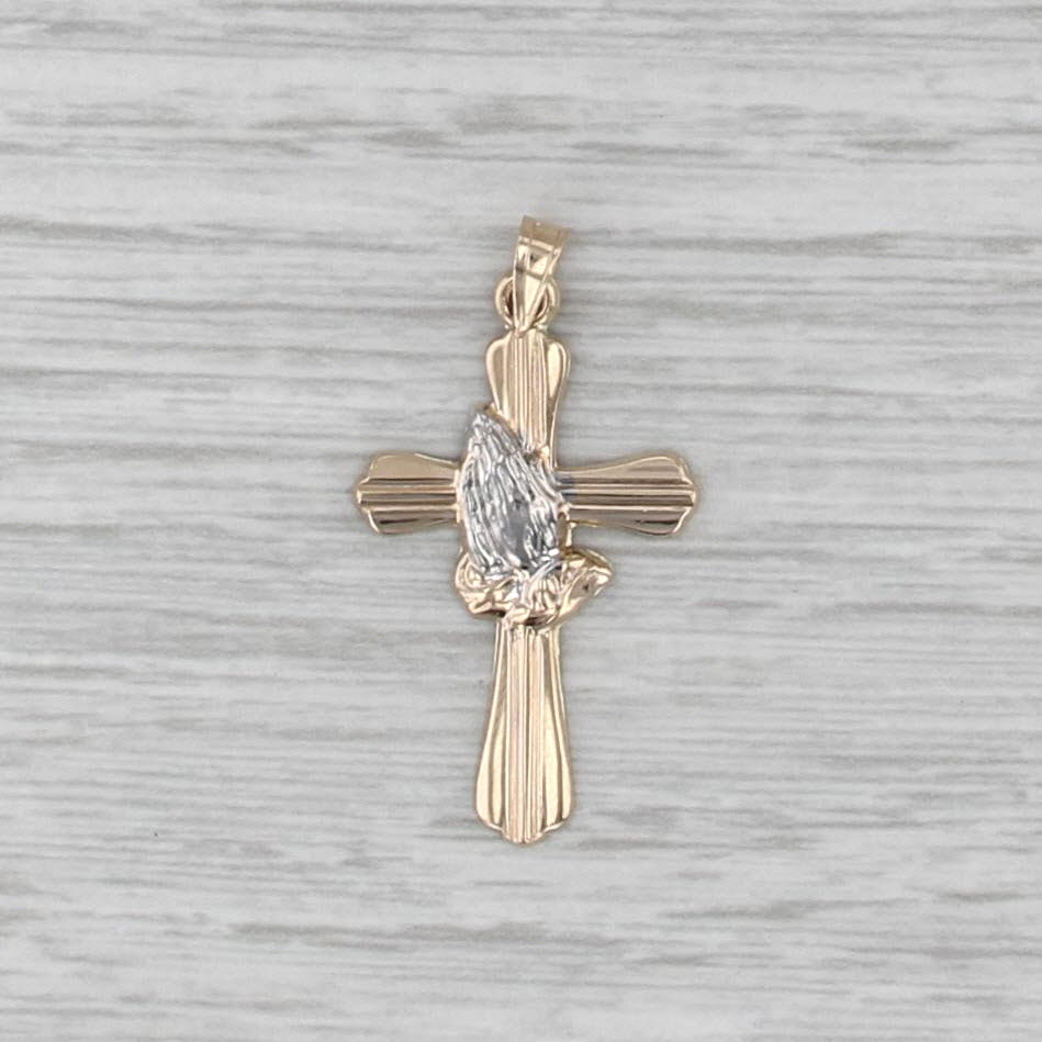New Cross Prayer Hands Pendant 14k Yellow White Gold Religious Jewelry