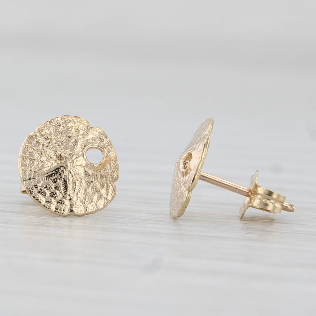 Light Gray Sanddollar Stud Earrings 14k Yellow Gold Nautical Jewelry
