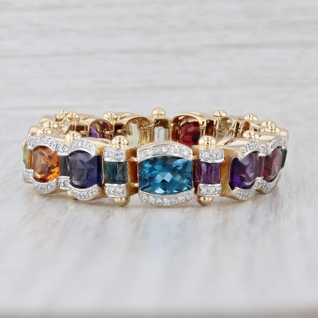 26.98ctw Gemstone Tennis Bracelet 14k Gold Peridot Citrine Topaz Amethyst Aqua