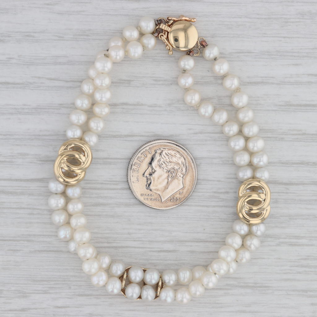 Gray Cultured Pearl Double Strand Bracelet 14k Yellow Gold Knot Accents 7.25"