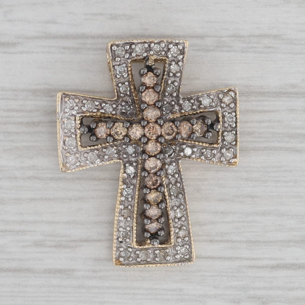 Gray 0.38ctw White Champagne Diamond Cross Pendant 14k Yellow Gold