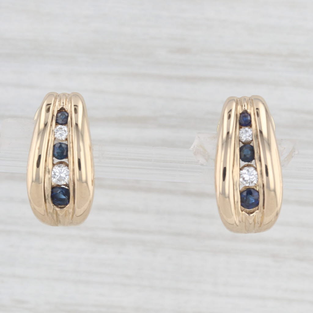 Light Gray 0.46ctw Blue Sapphire Diamond J-Hook Earrings 14k Gold Drops Omega Backs