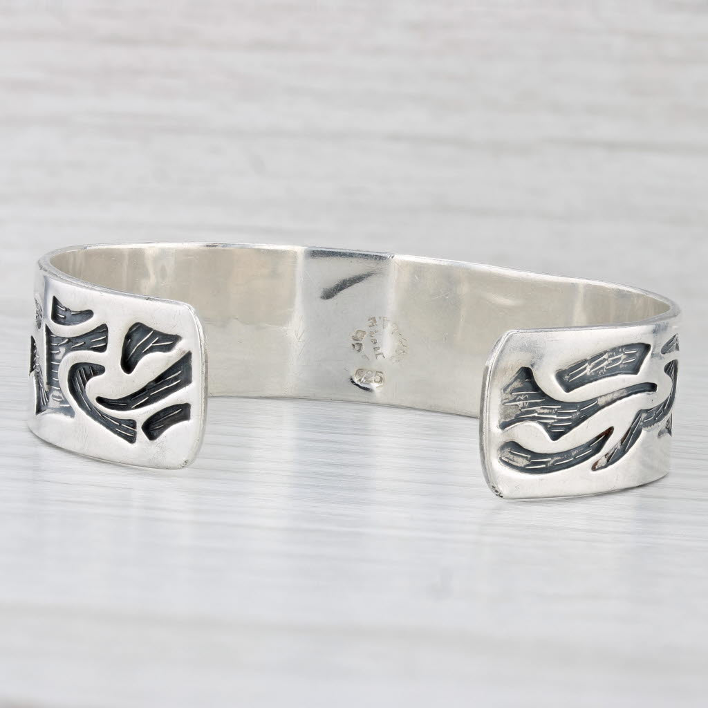 Light Gray Vintage Taxco Mexico Cuff Bracelet Sterling Silver Stamped Pattern 7" 16mm