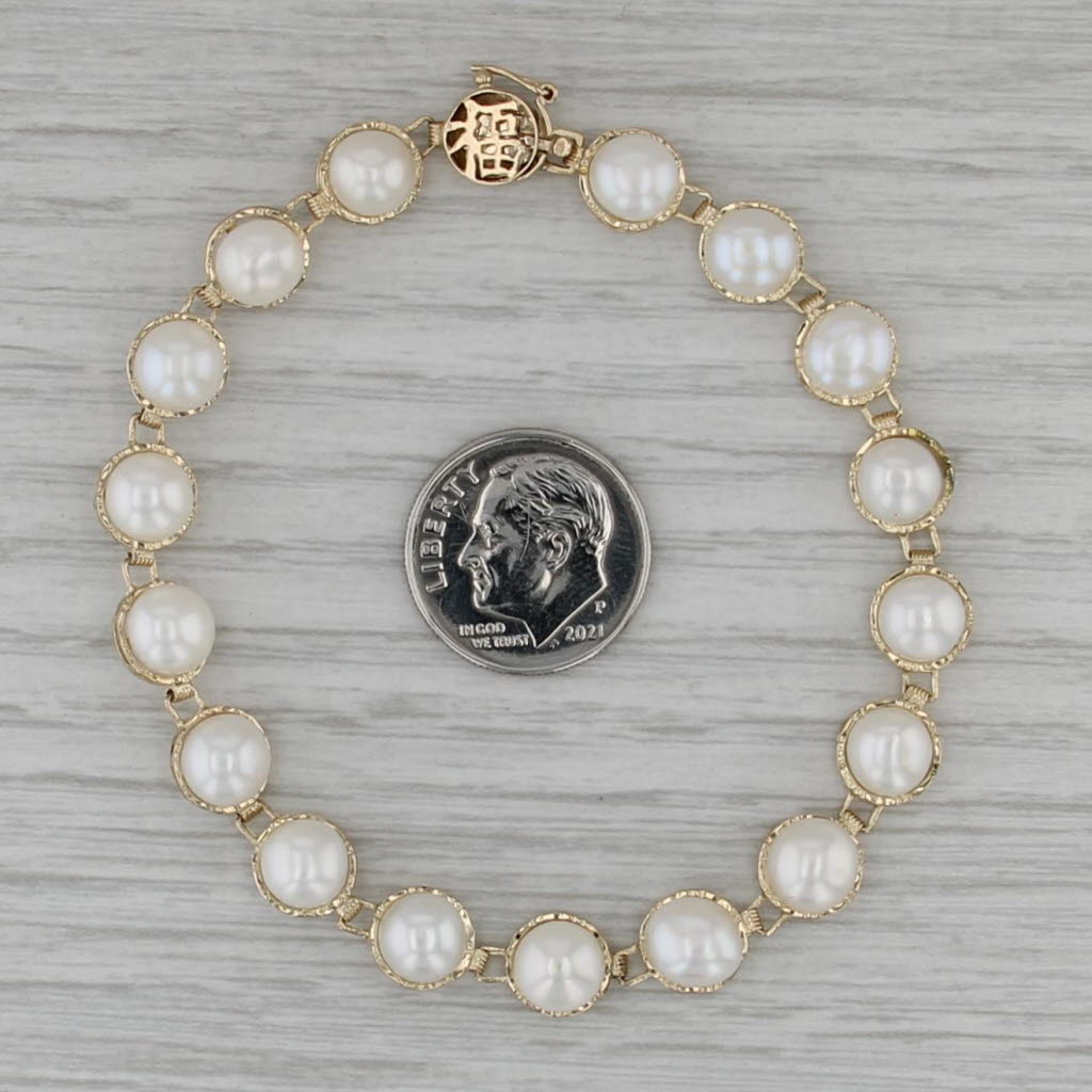 Cultured Pearl Tennis Bracelet 14k Yellow Gold 7" 7.5mm Chinese Calligraphy