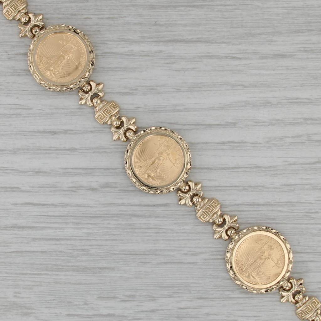 American Eagle Gold Coin Bracelet 14k 22k 2004 1/10oz $5 3 Coins 6.5-7"