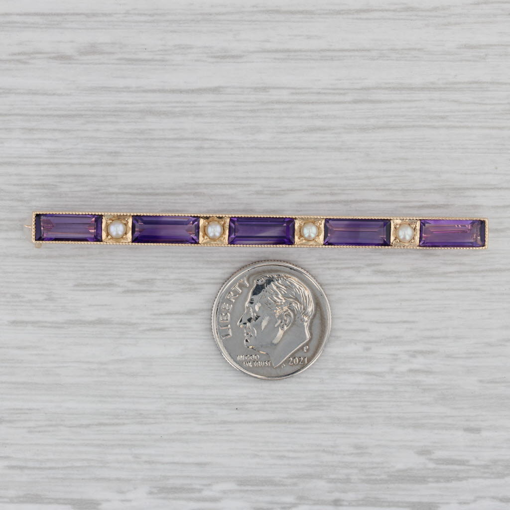 Gray Vintage 8.80ctw Amethyst Pearl Bar Pin 14k Yellow Gold Brooch