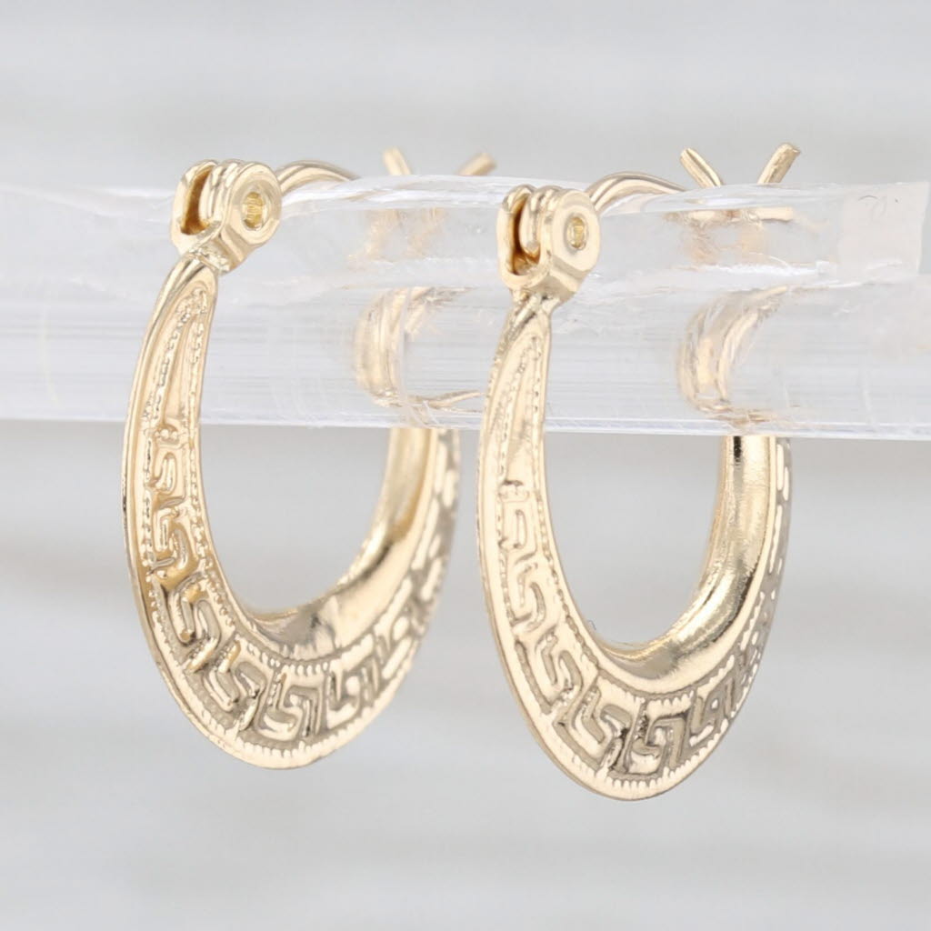 Greek Key Pattern Hoop Earrings 14k Yellow Gold Snap Top Hoops