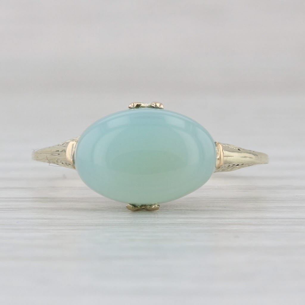 Green Chalcedony Quartz Filigree Ring 14k Yellow Gold Size 8.25 Oval Cabochon