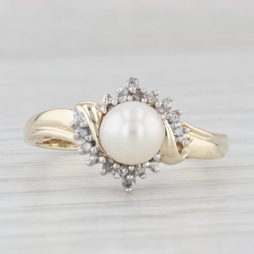 Light Gray Cultured Pearl Diamond Halo Ring 10k Yellow Gold Size 6