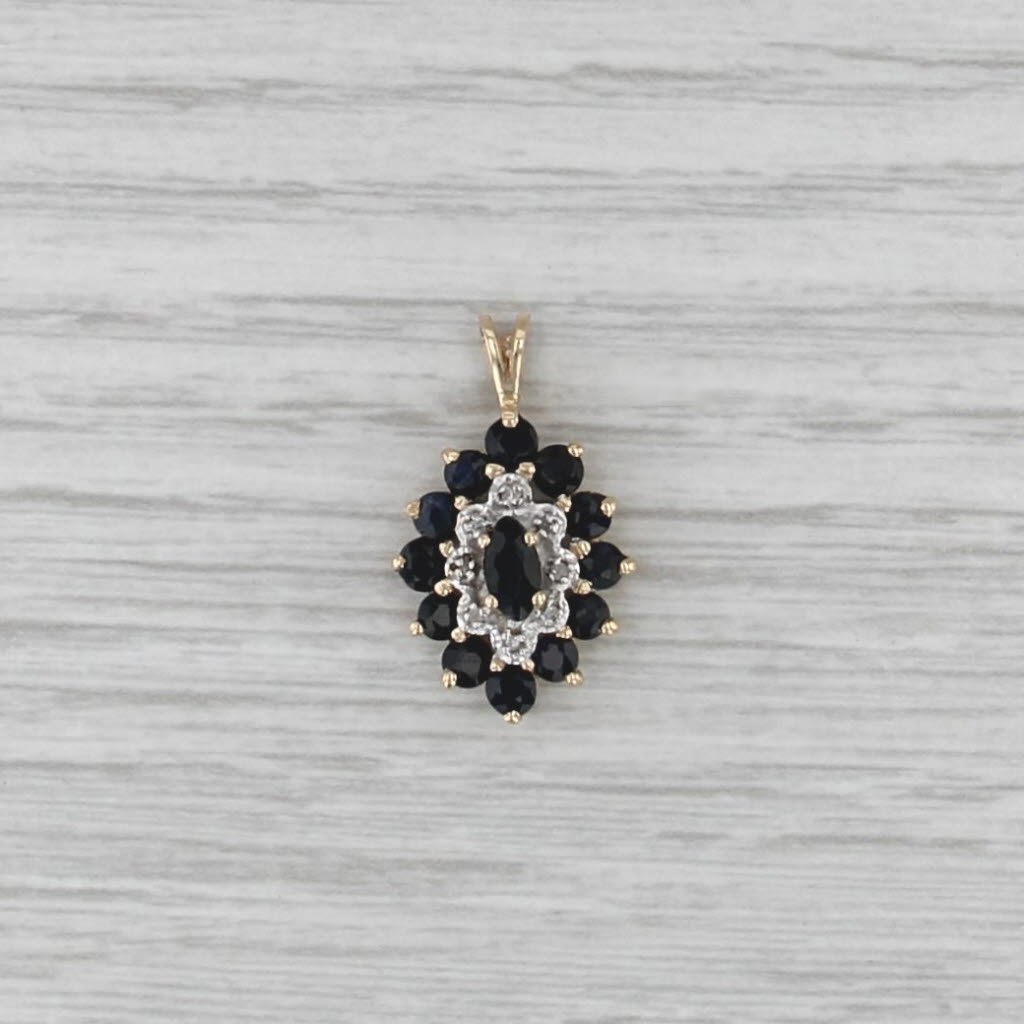 Sapphire Diamond Halo Pendant 10k Yellow Gold Marquise Drop