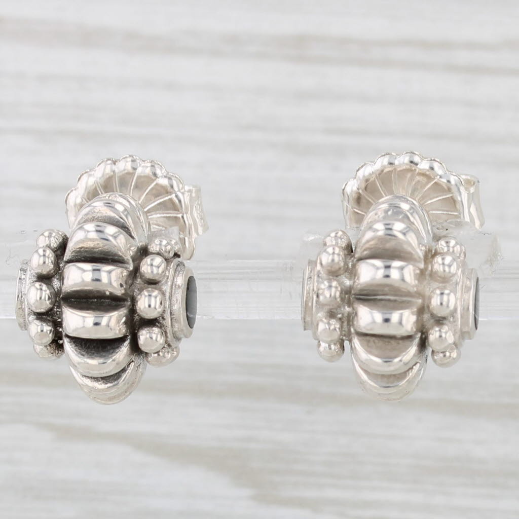 Light Gray Scalloped Silver Earrings Onyx Accents Sterling Studs