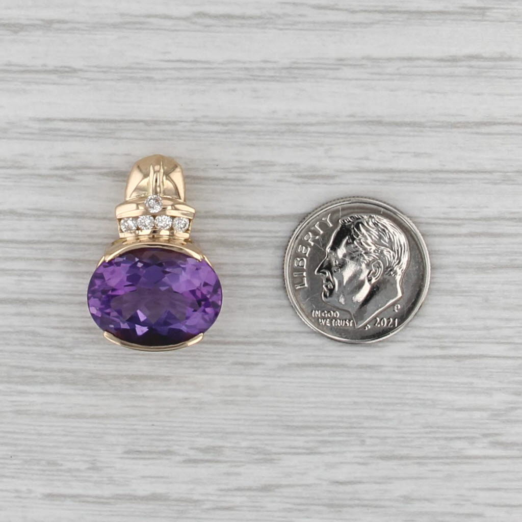 9.18ct Oval Amethyst Diamond Drop Pendant 14k Yellow Gold Faceted Solitaire