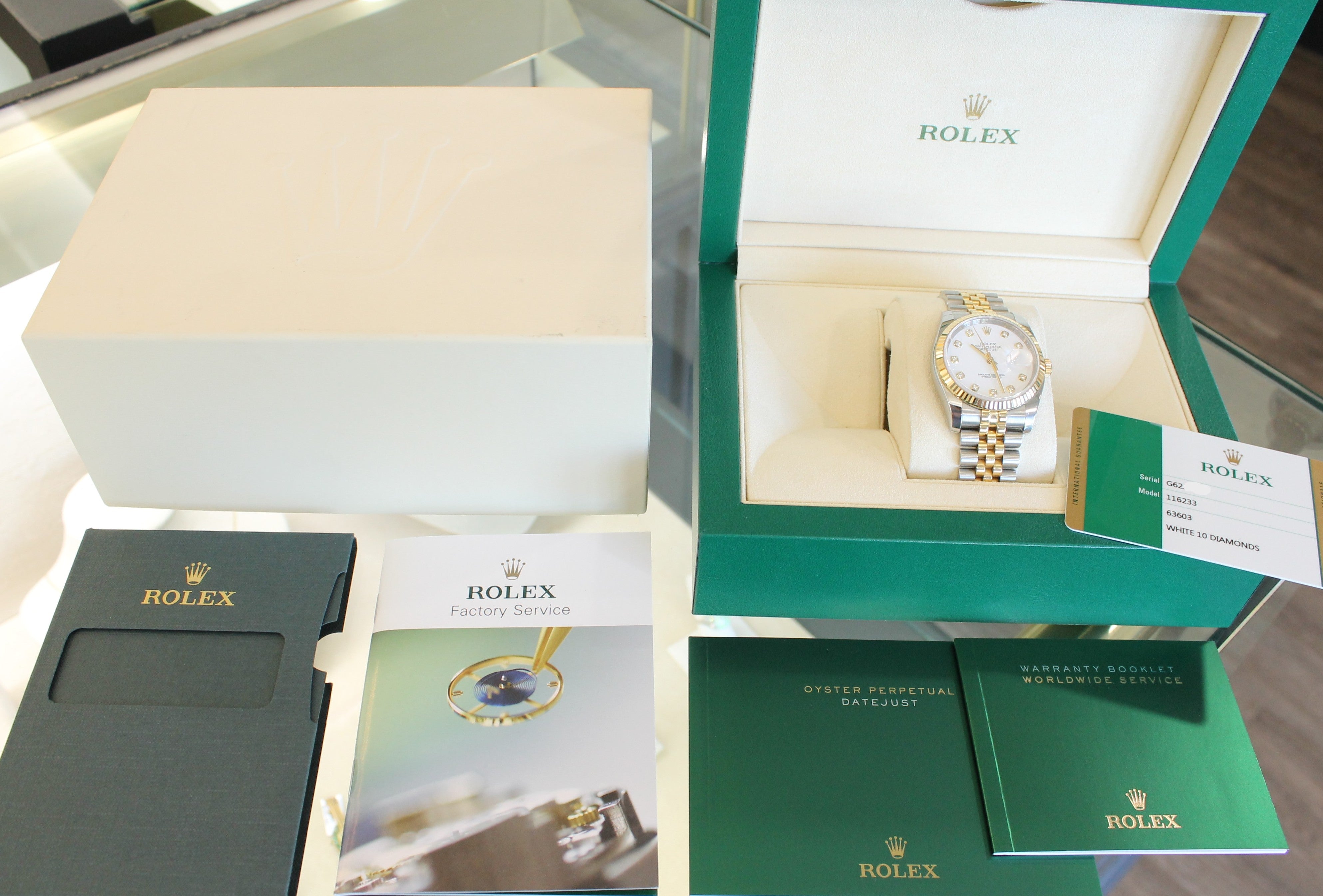 Rolex Datejust 116233 36mm 18k & Steel Automatic Watch White 10 Diamond Dial B&P