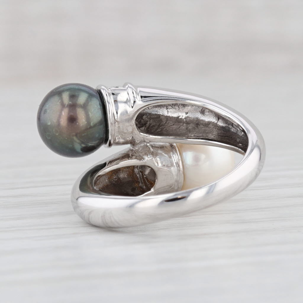 Light Gray Black White Cultured Pearl 0.10ctw Diamond Bypass Ring 14k White Gold Size 6.75