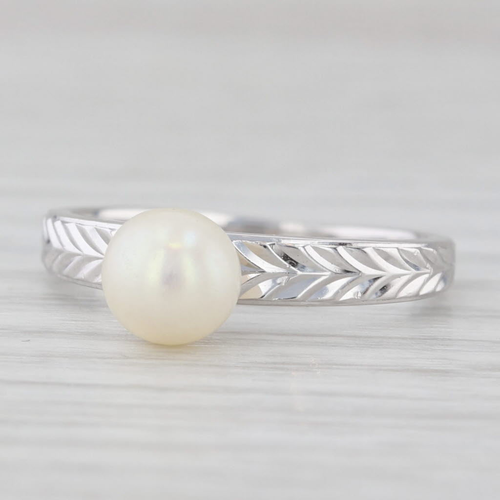 Light Gray 6.2mm Cultured Pearl Solitaire Ring 14k White Gold Wheat Etched Band