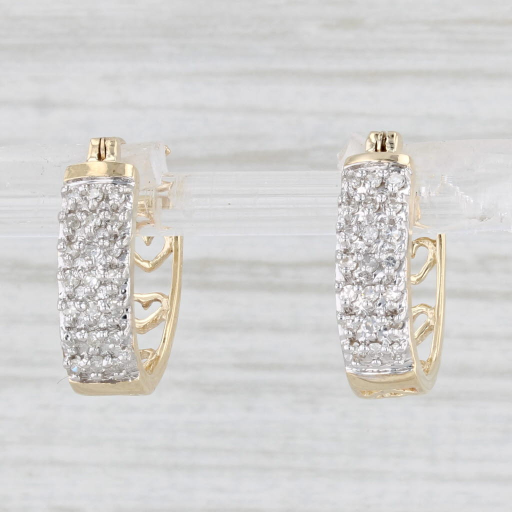 Light Gray 0.18ctw Diamond Hearts Hoop Earrings 10k Yellow Gold Snap Top Oval Hoops