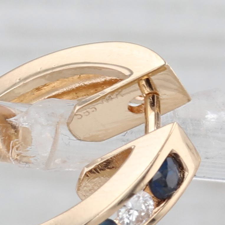 Light Gray Blue Sapphire Diamond Hoop Huggie Earrings 14k Yellow Gold Snap Top Round Hoops