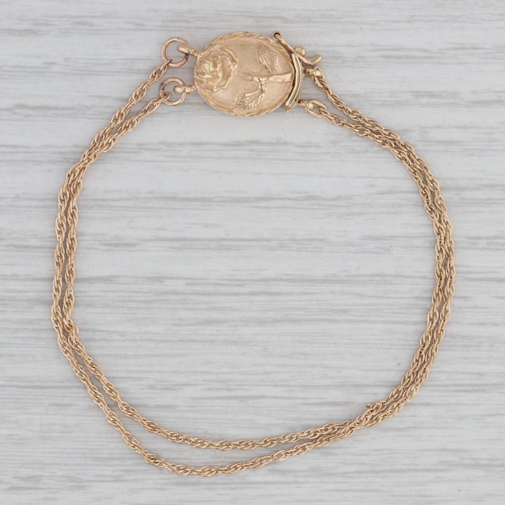 Gray Floral Clasp Slide Charm Bracelet 14k Yellow Gold Double Rope Chain 6.75"
