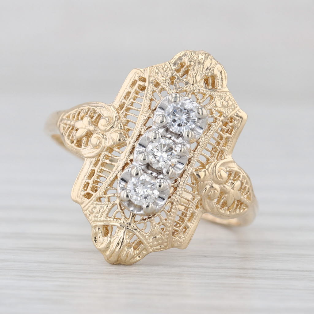 Vintage 0.20ctw 3-Stone Diamond Filigree Ring 14k Yellow Gold Size 9