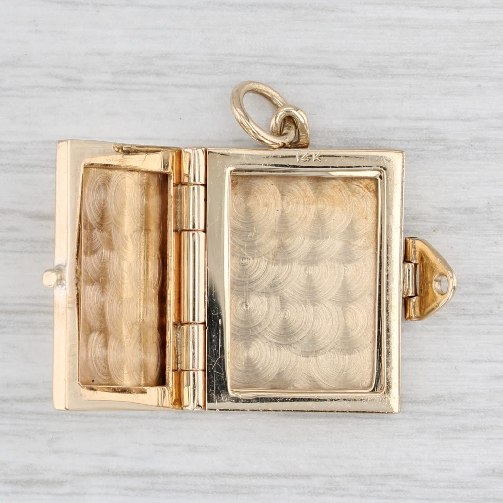 Light Gray Vintage Engravable Book Picture Locket Pendant 14k Yellow Gold
