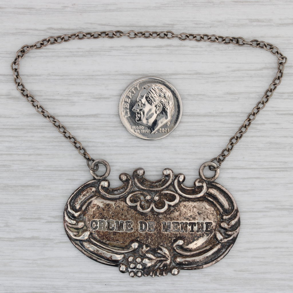 Gray Antique Creme De Menthe Decanter Bottle Tag Charm Sterling Silver Barware Ornate