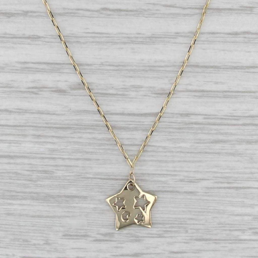 Moon Stars Star Pendant Necklace 14k Yellow Gold 16", 18" Cable Chain