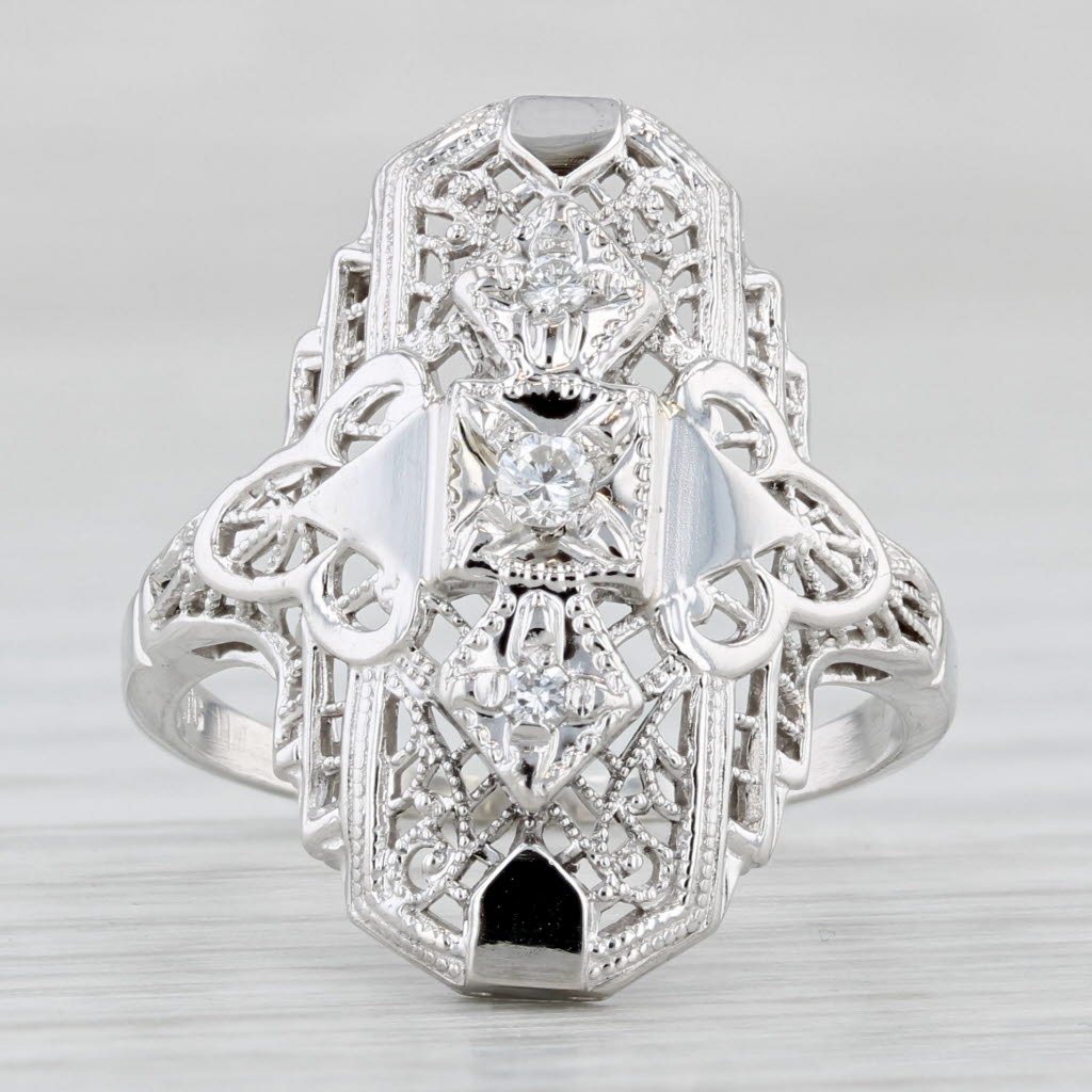 Light Gray Diamond Filigree Ring 10k White Gold Vintage Art Deco Size 6.75