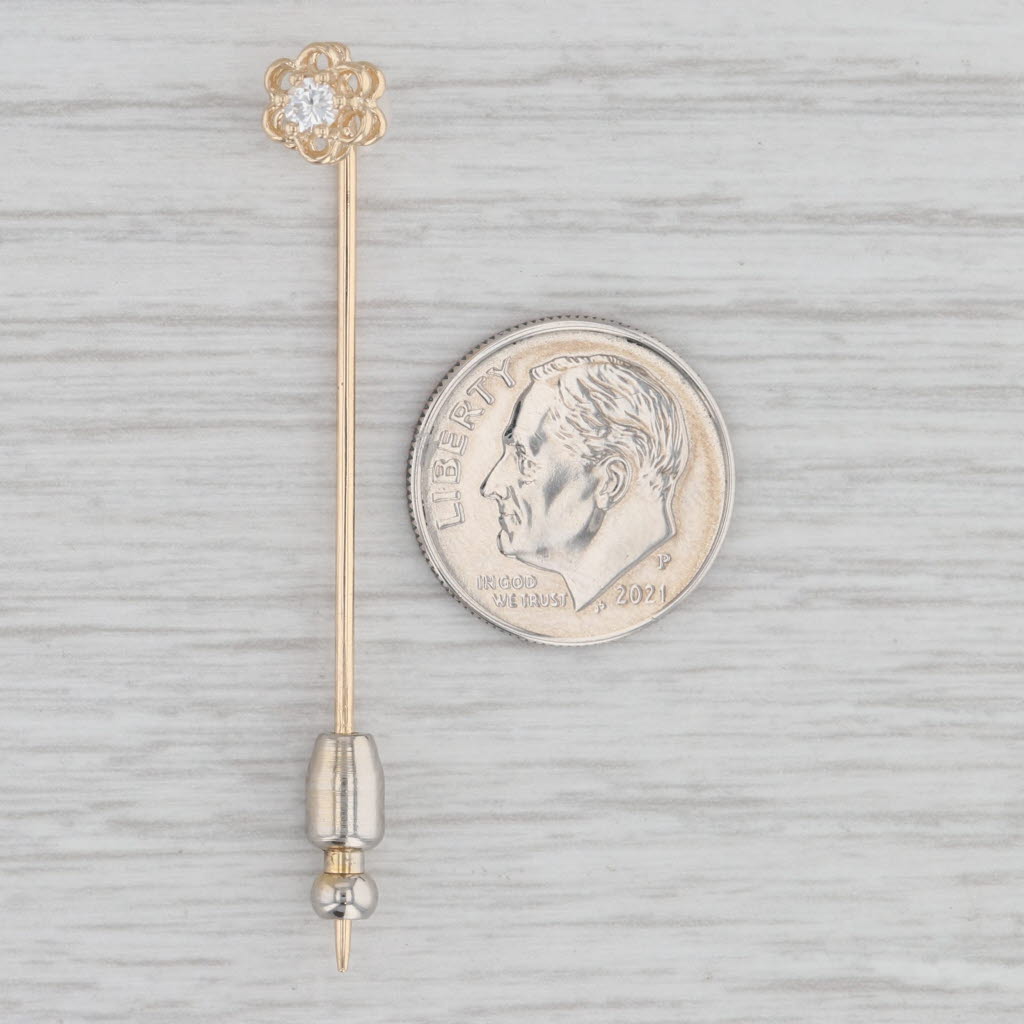 Light Gray Vintage Diamond Solitaire Flower Stickpin 14k Yellow Gold