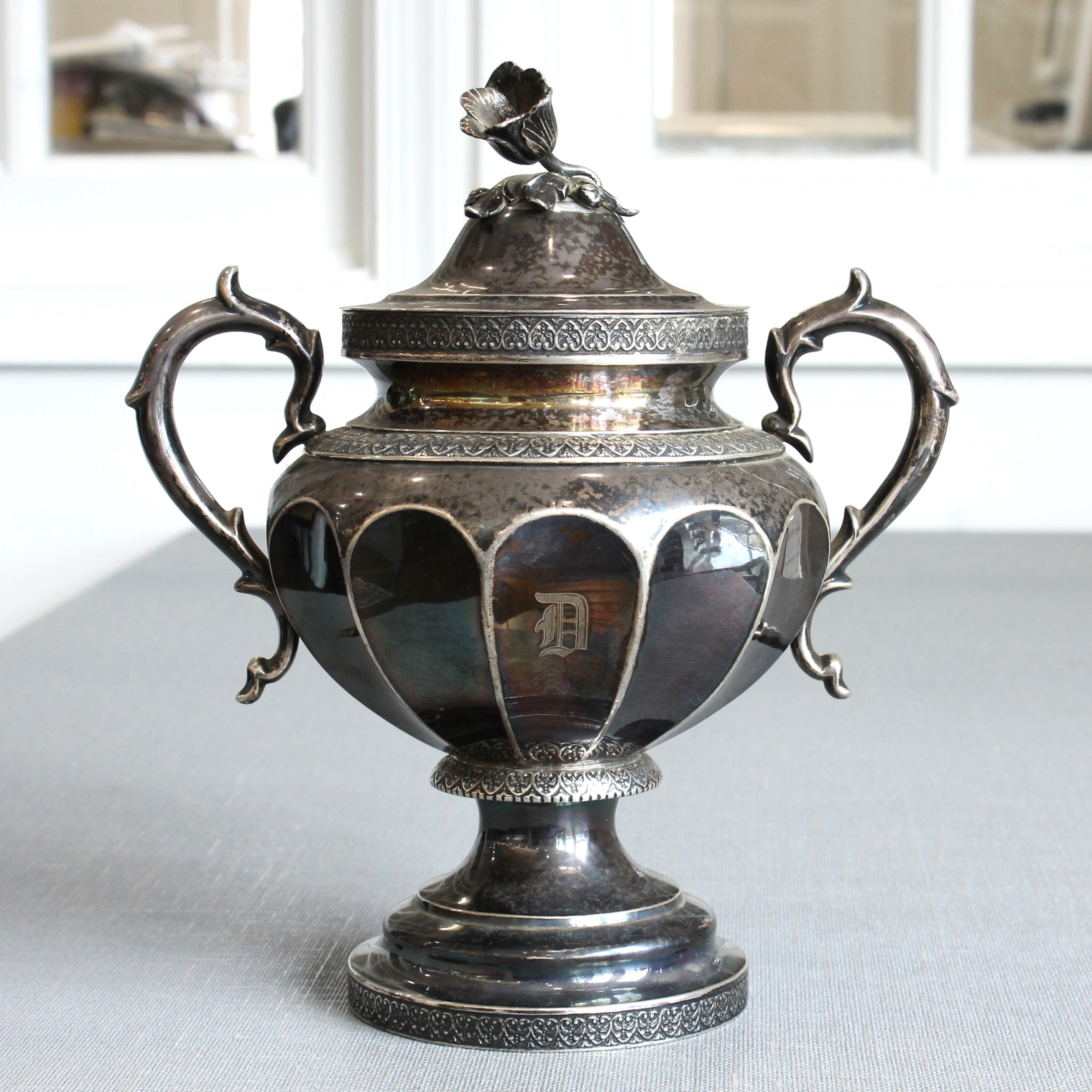 Light Gray Antique c.1850 Ball Tompkins Black Marquand Large 10" Sterling Silver Sugar Bowl