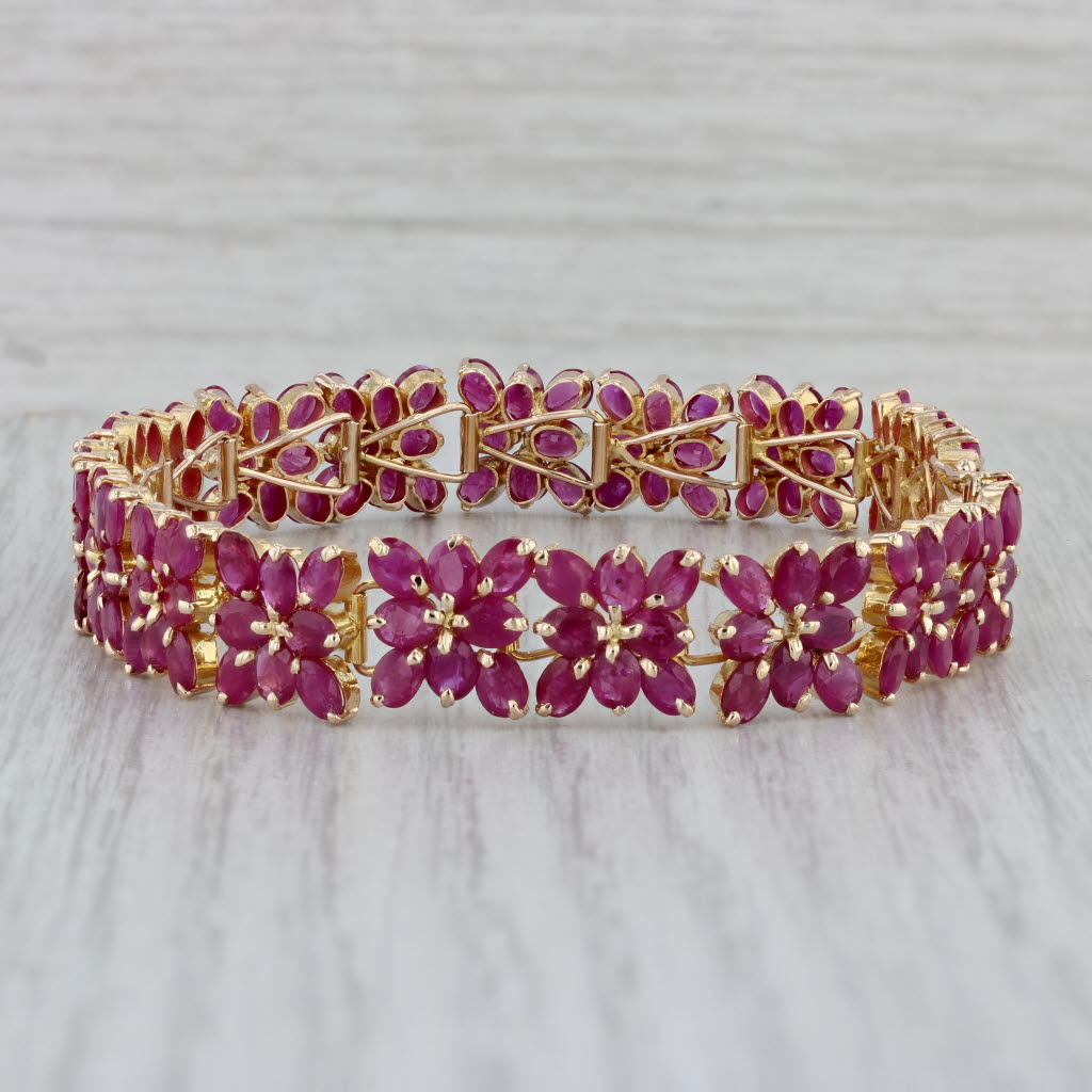 Gray 38ctw Ruby Flower Tennis Bracelet 14k Yellow Gold 7.5" 10.9mm