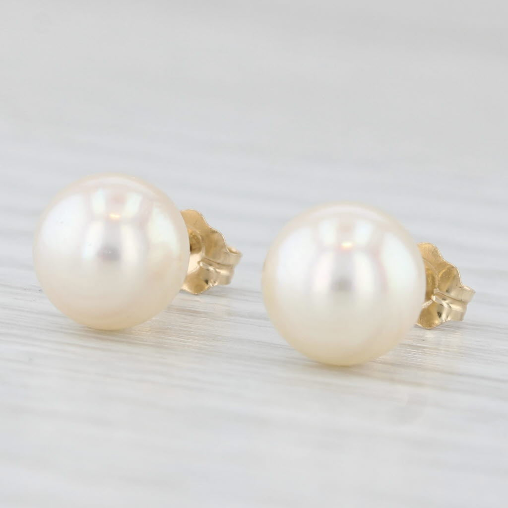 Light Gray Cultured Pearl Stud Earrings 14k Yellow Gold Round Bead Studs