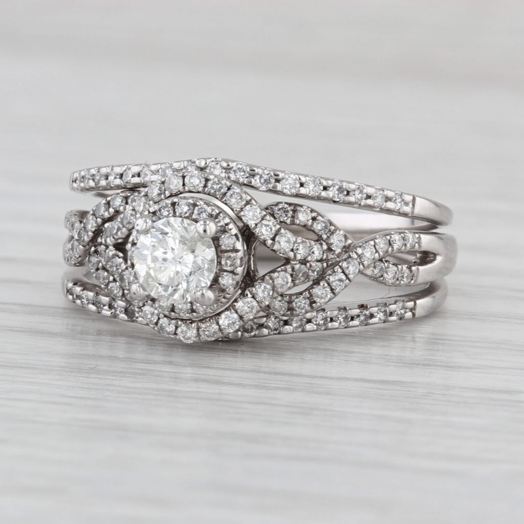 0.95ctw Round Diamond Halo Engagement Ring Wedding Band Bridal Set 14k Gold