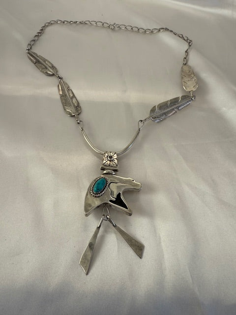 Jeff Jackson Navajo Native American Bear Necklace Turquoise Sterling Silver 25"