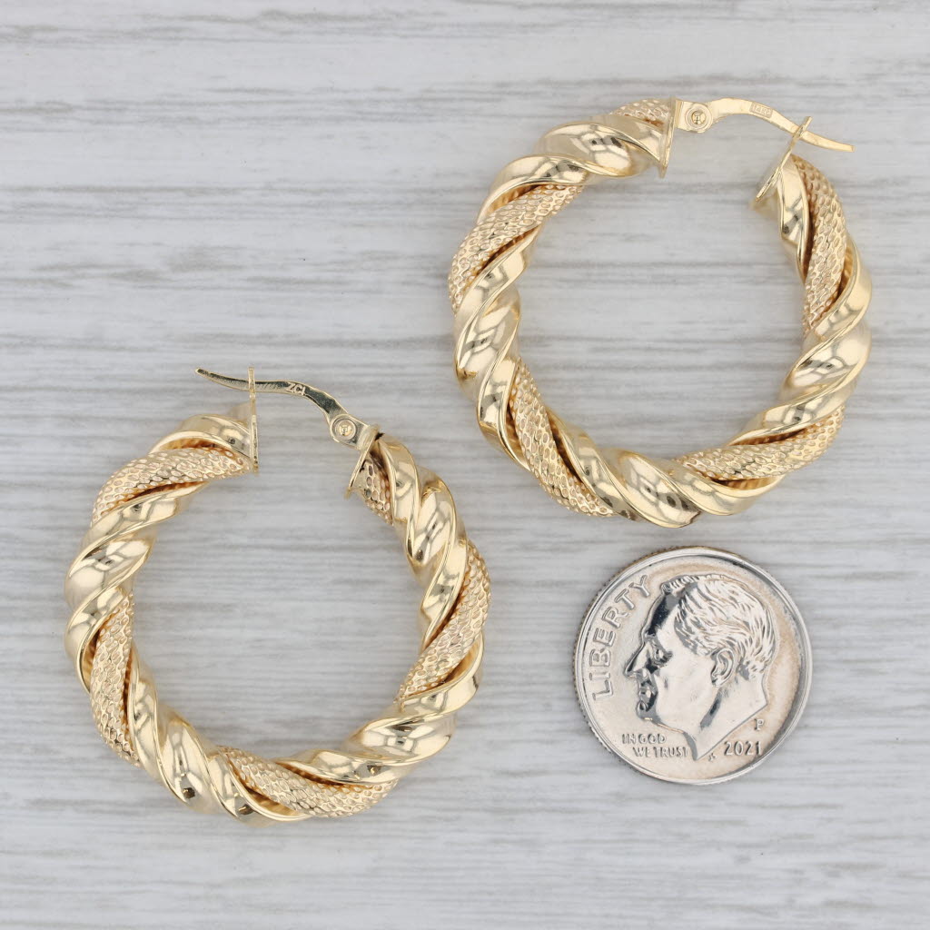 Gray New Twist Textured Hoop Earrings 14k Yellow Gold Round Hoops Pierced Snap Top