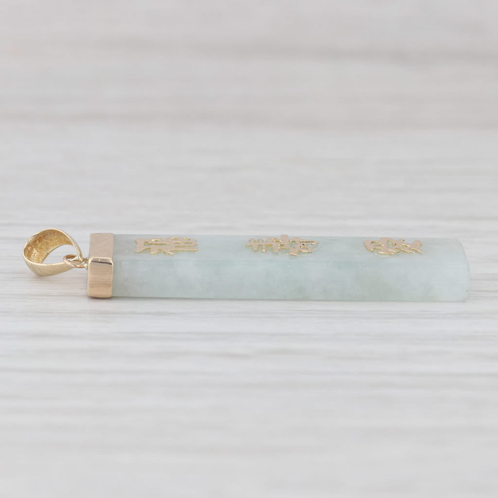 Light Gray Chinese Calligraphy Pendant 14k Yellow Gold Green Jadeite Jade Luck Health Love