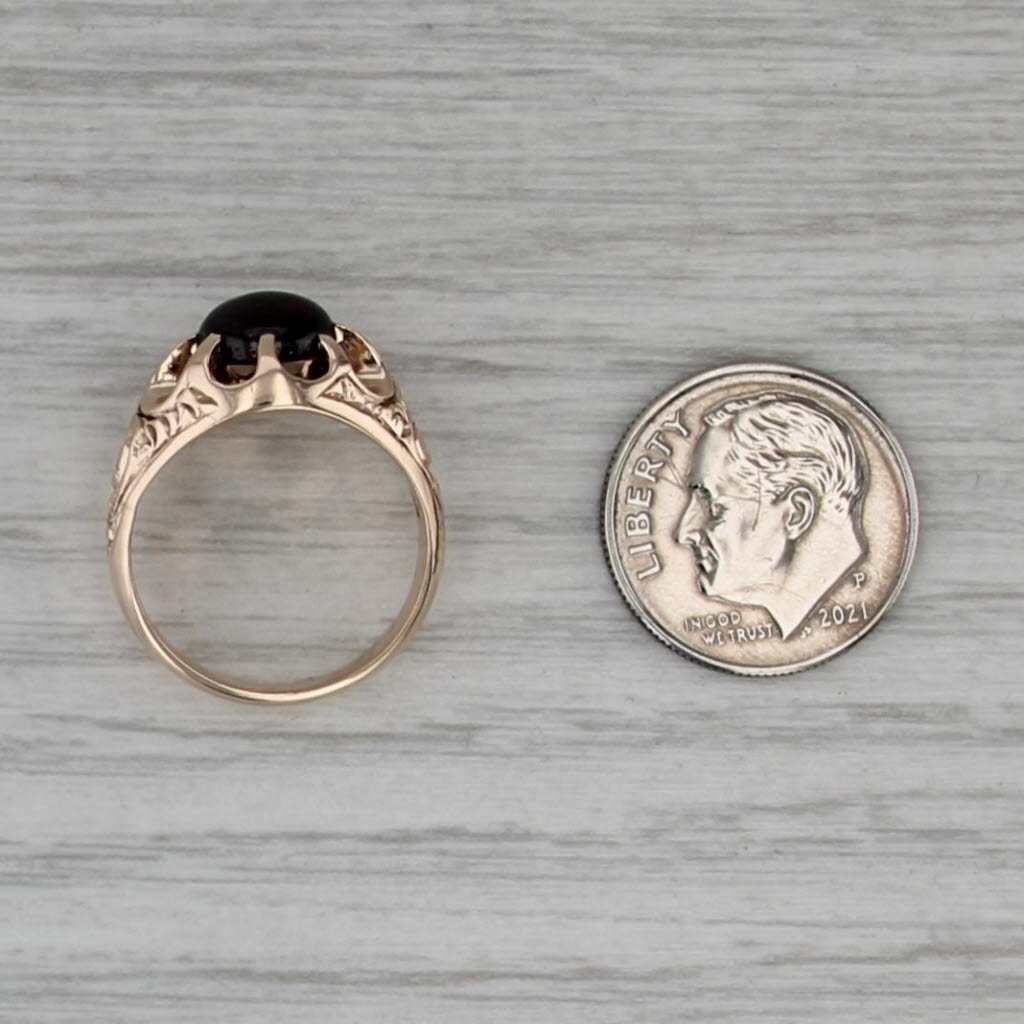 Antique Garnet Solitaire Ring 9k-10k Gold Ornate Floral Pattern Belcher Setting